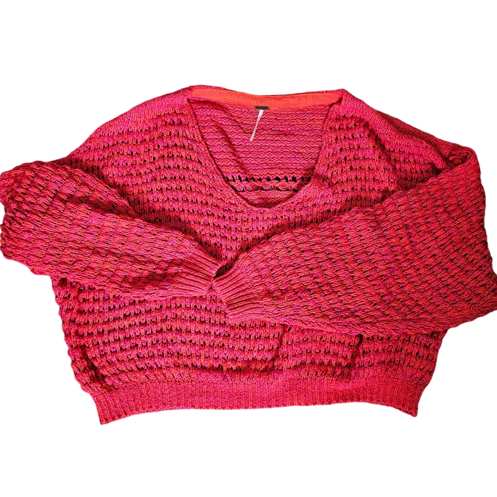 Free People Crashing Waves Pullover Sweater Large Boxy slouchy red and pink